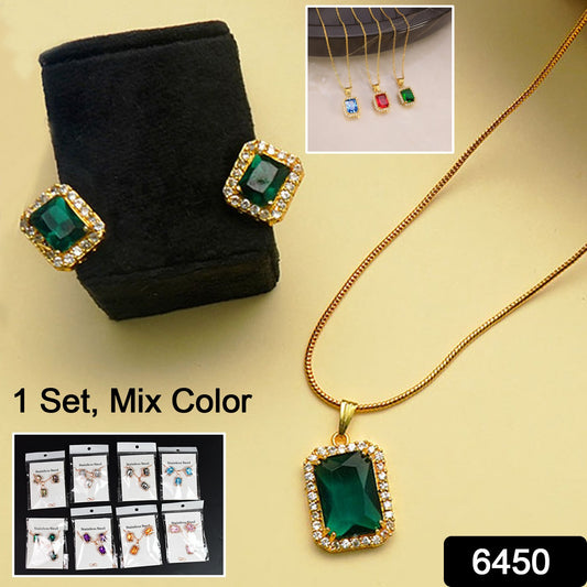 Stone Pendant Necklace Chain Set With Earrings (1 Set  Mix Color  Design)